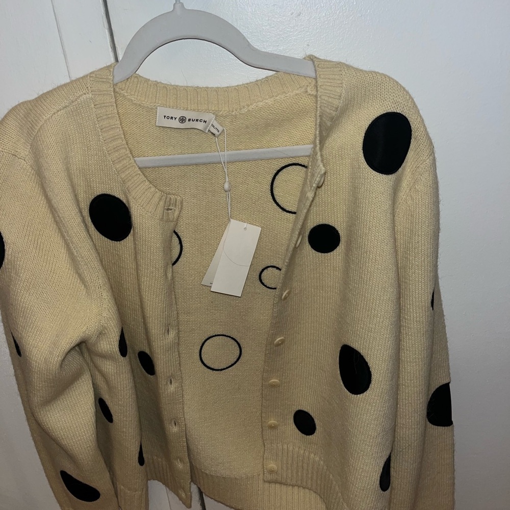 Tory Burch Cream and Black Polka Dot Cardigan